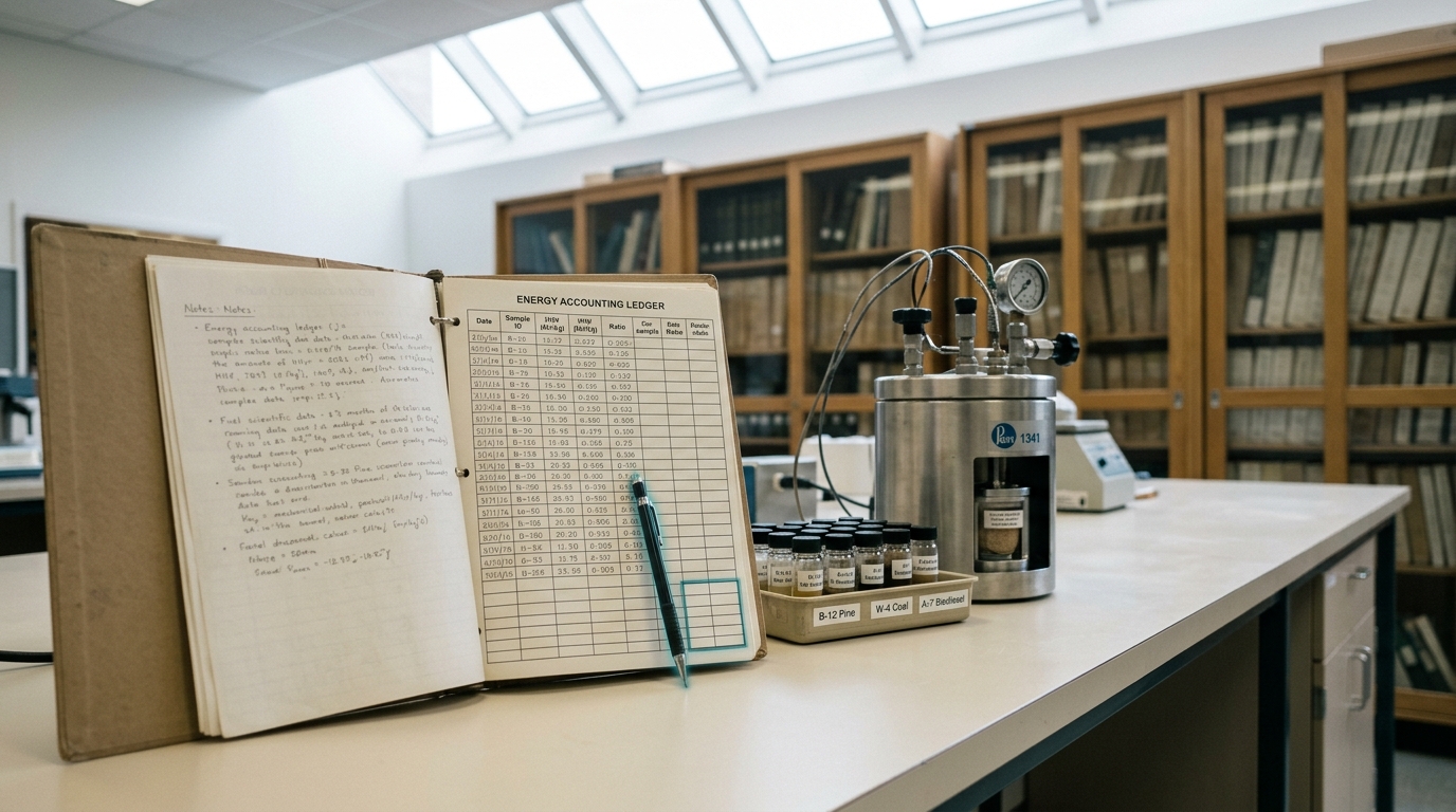 A wide bench with an open EROI energy ledger, a bomb calorimeter, and a fuel sample tray under bright skylight, one ledger page still being totted by hand.