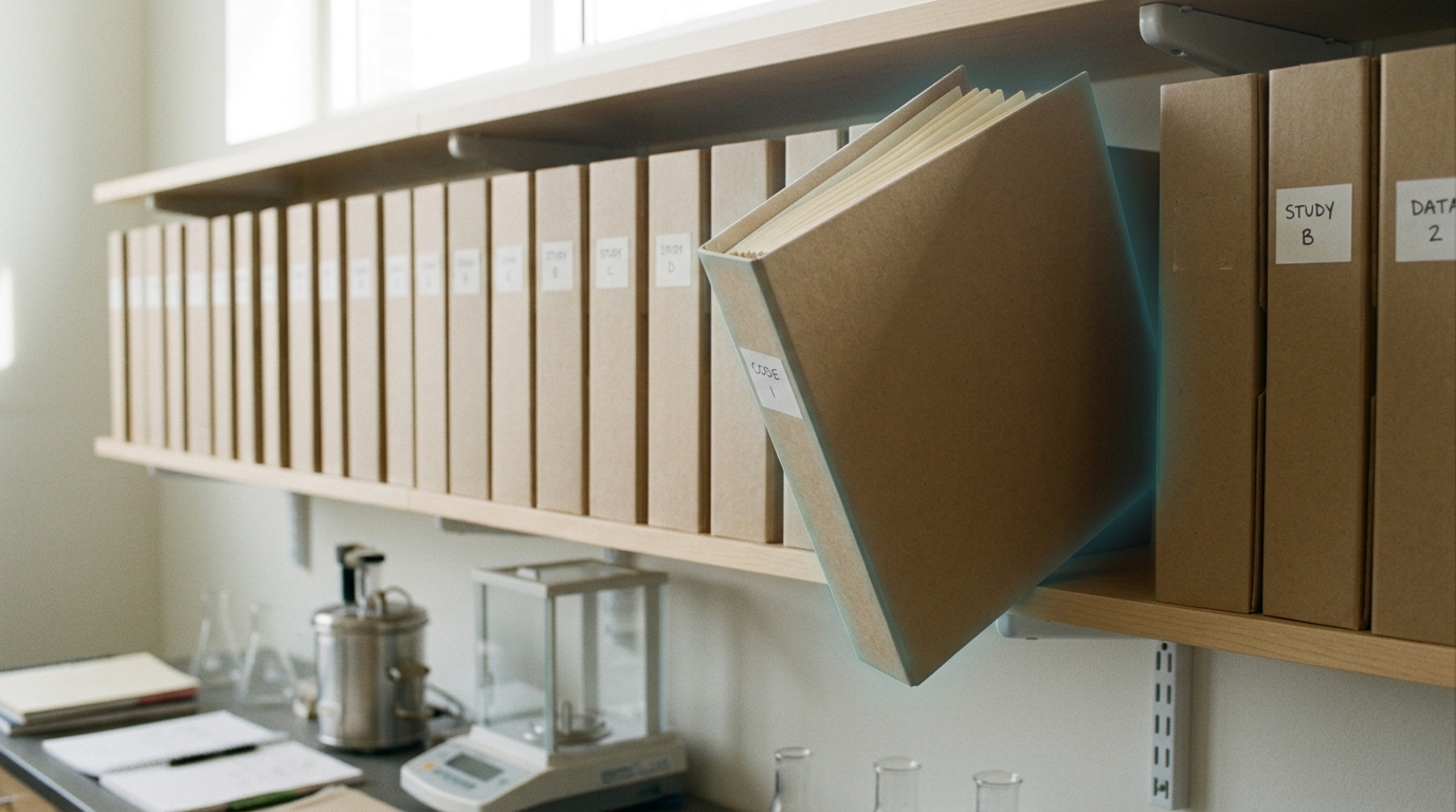 A shelf of labeled binders recording EROI, frequency-reserve, and LCA results side by side, one binder still open mid-shelving.