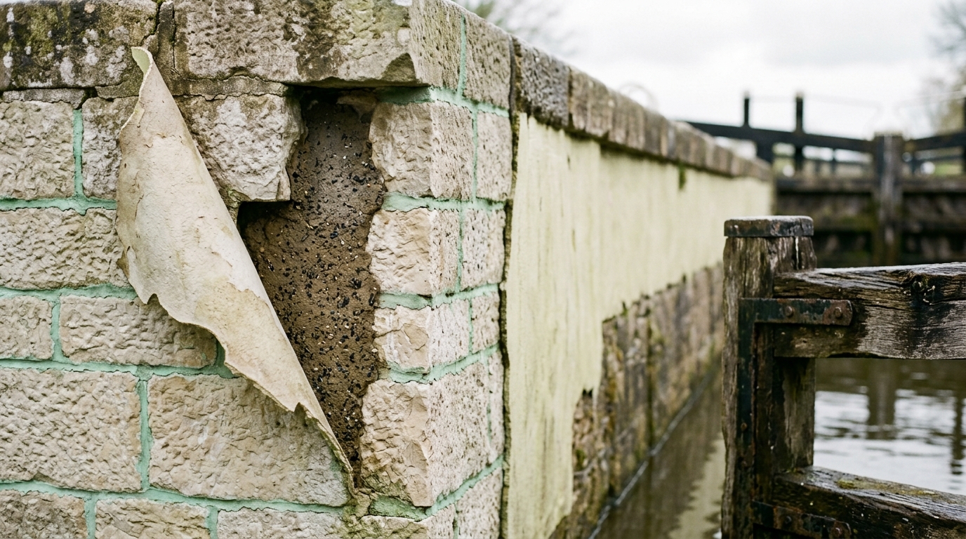 A section of lock chamber wall where soft lime render has been stripped part-way back to reveal cut stone and, beneath that, the puddled clay lining