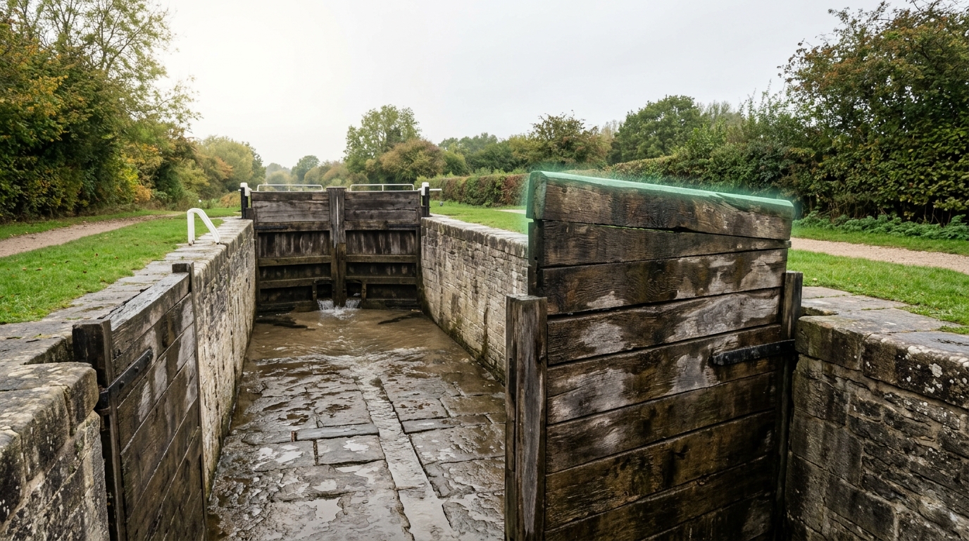 A lock chamber stanked off with stop planks at both ends and nearly emptied, the last sheet of water still draining and the bare stone floor only half-revealed