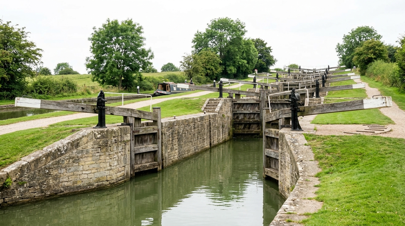 A flight of limestone canal lock chambers rising away, one chamber mid-fill with water still rising, its upper gates shut and the paddle gear only part-wound