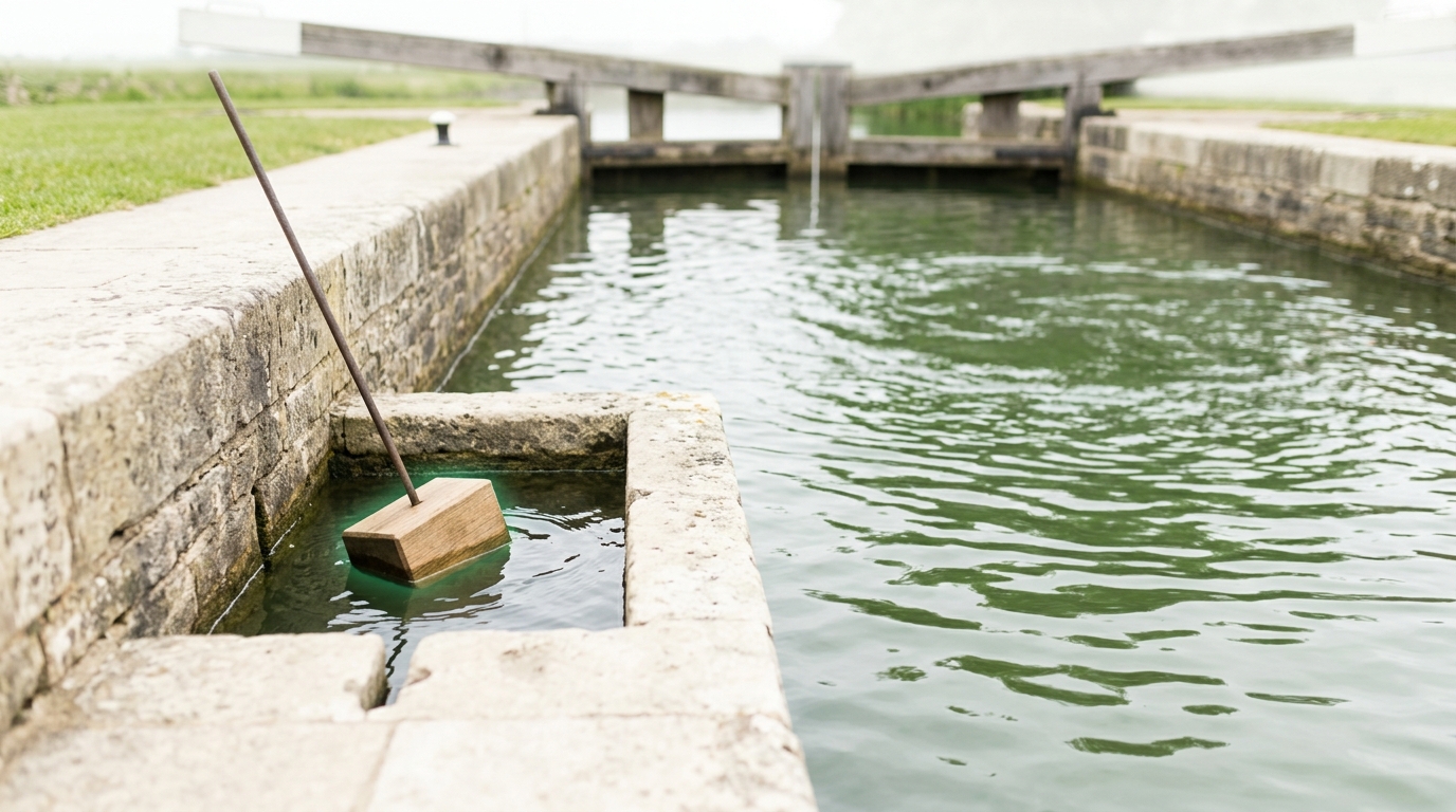 A small stone stilling well set into a lock chamber wall, its plain oak float only beginning to settle while the open chamber water beside it is still swirling from a paddle opened moments before