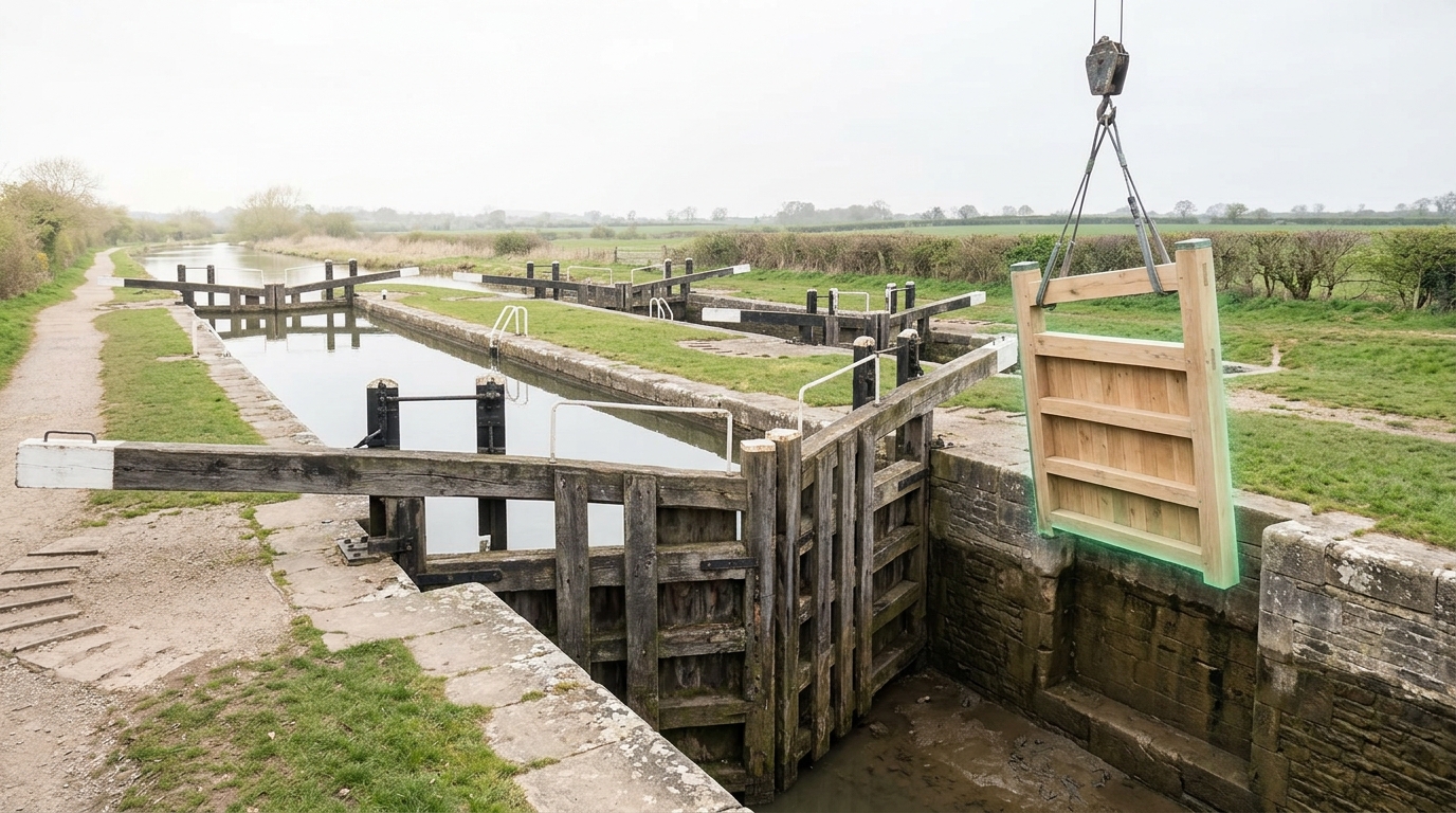 A lock flight whose gates stand widely spaced along a shallow pound and crowd close together where the fall is steepest, with a new gate being lowered into its recess at the steepest step
