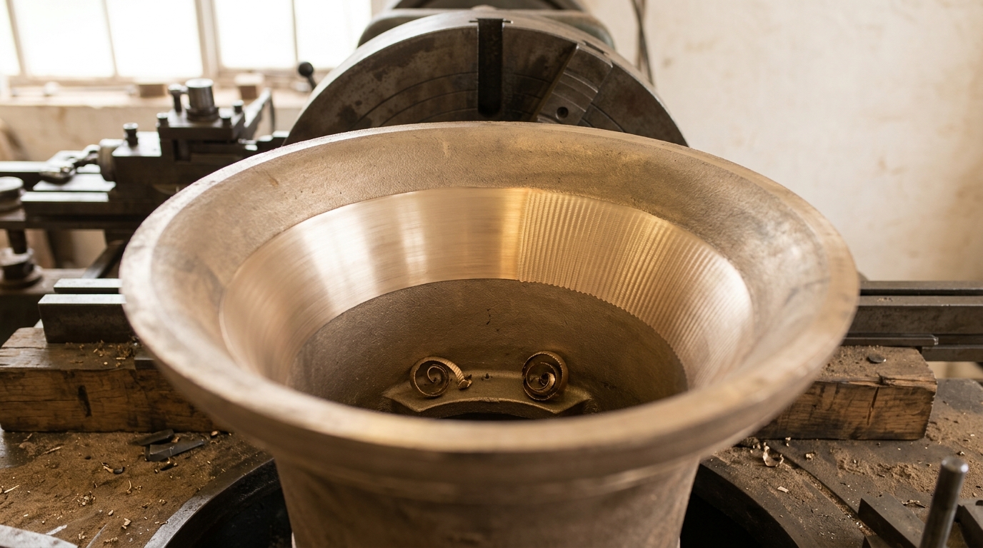 Looking down into the mouth of a plain bronze bell on a tuning lathe, where a smooth bright shaved band gives way along its length into a finely rippled chattered band