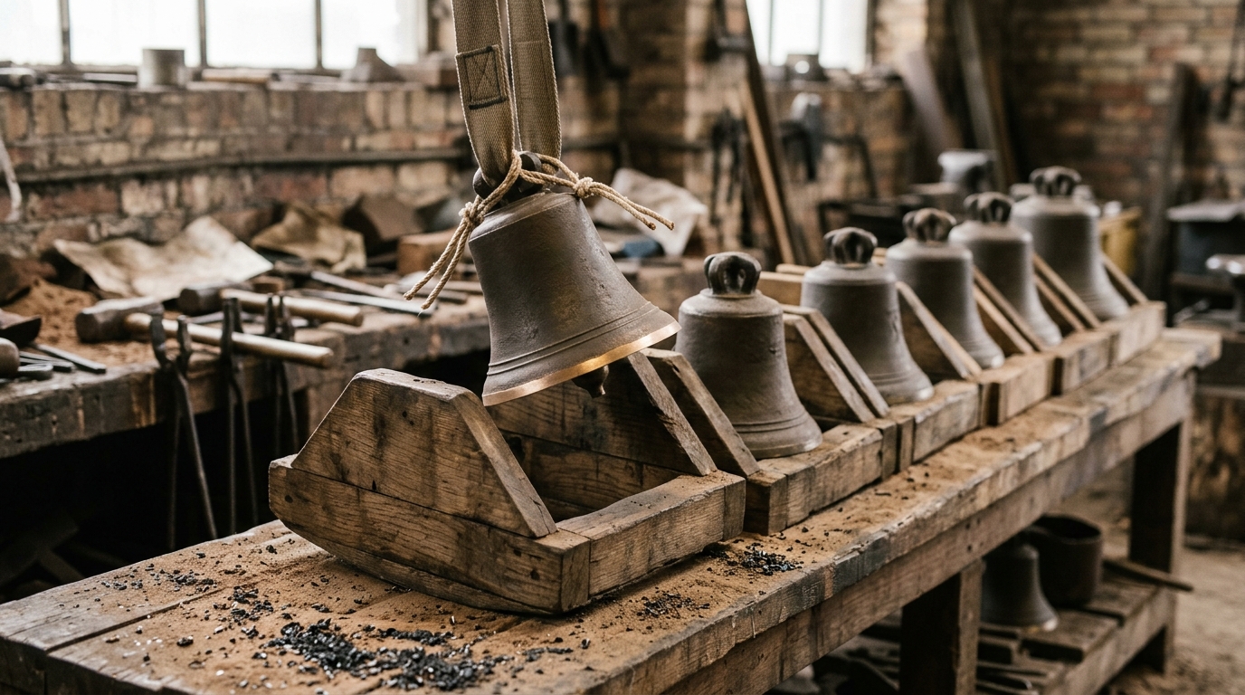 A row of small plain bronze bells resting on timber cradles, with one just lifted clear of its cradle in a canvas sling and still swinging slightly