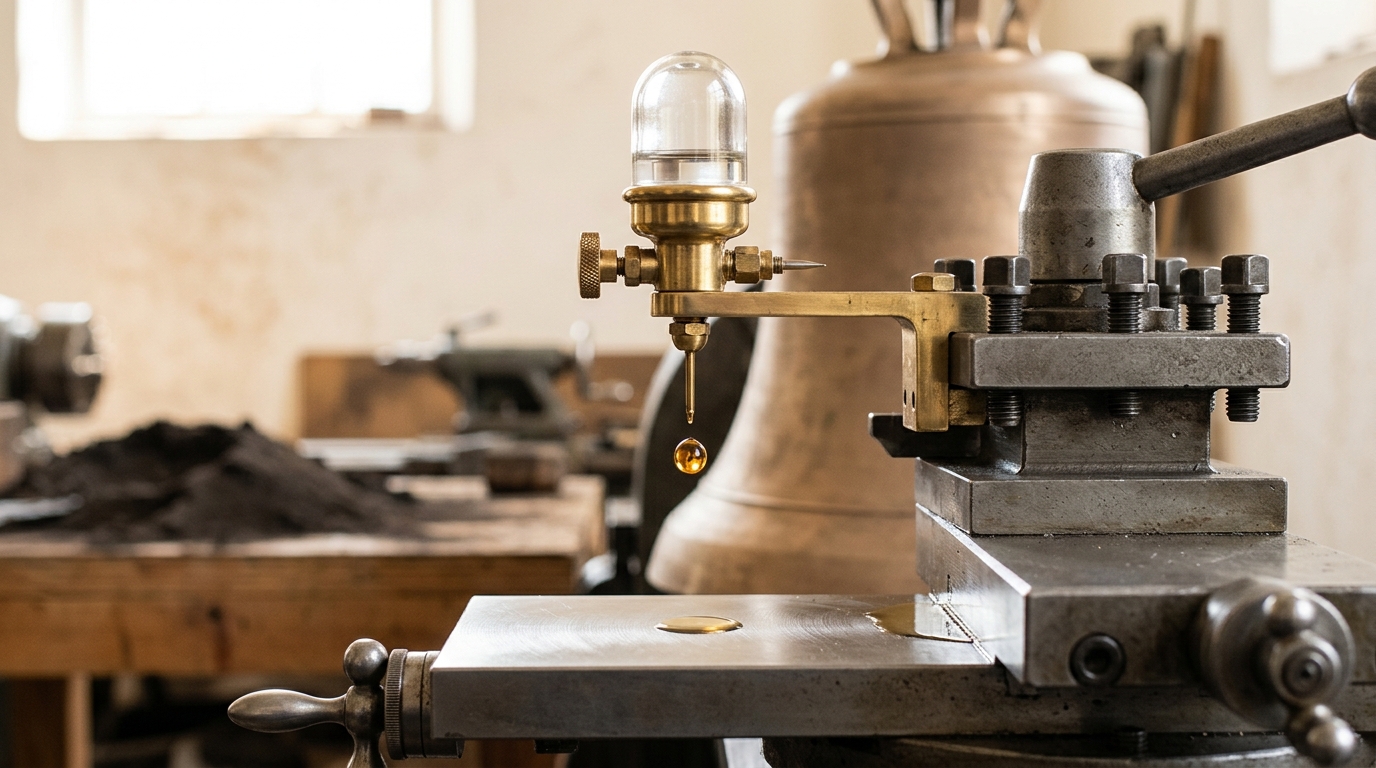 A brass drip oiler above a lathe tool post with a single drop caught in mid-fall, the oiled steel below it already dry and bright where the film has run out
