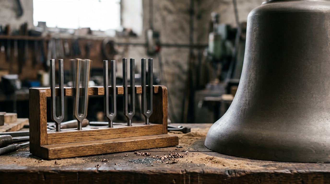 A timber rack of steel tuning forks beside the flank of a plain bronze bell, one fork still quivering after being struck while the others stand motionless