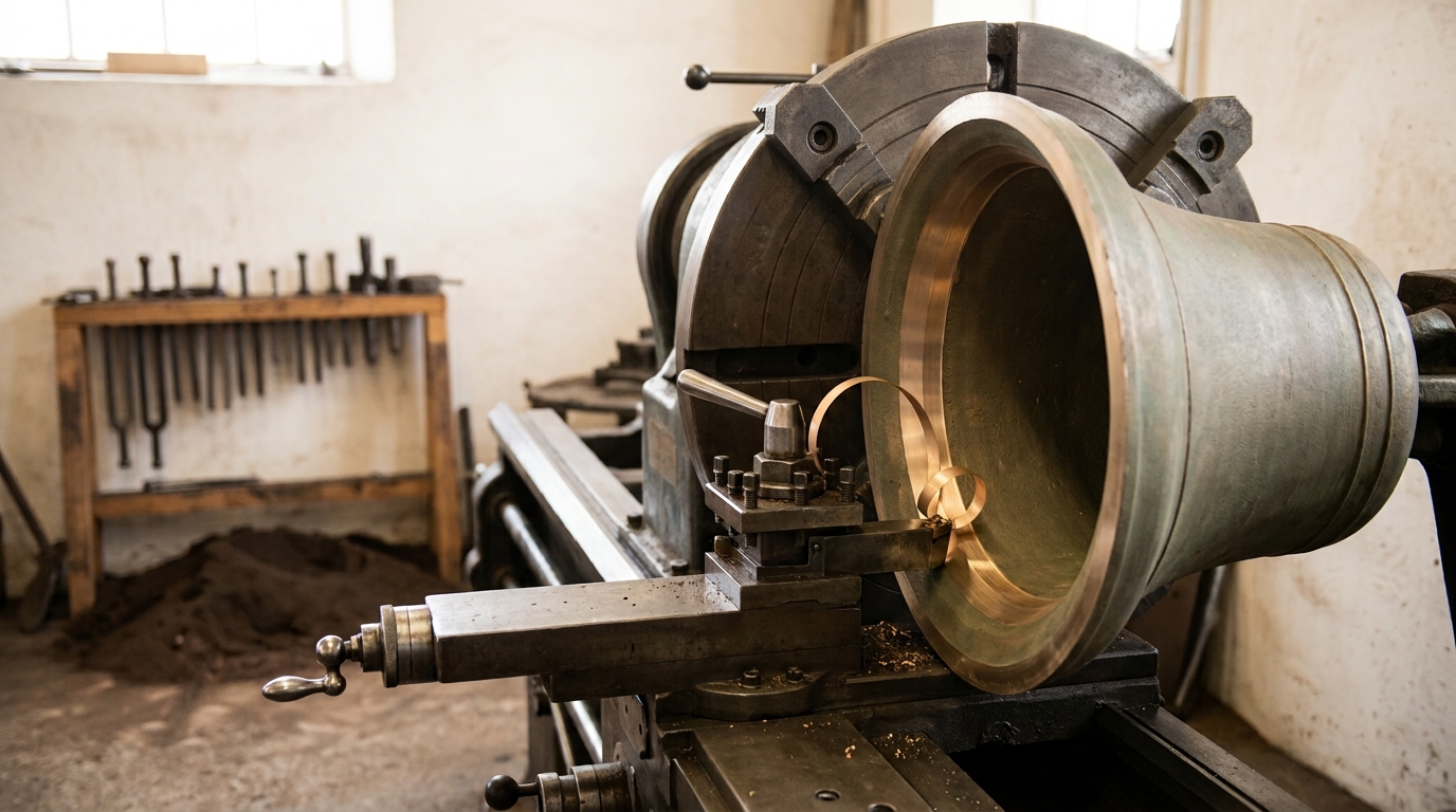 A large plain bronze bell mounted mouth-up on a vertical tuning lathe with a steel cutter at its inner wall and one ribbon of bronze swarf still curling away from the cut