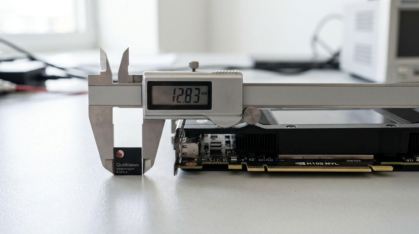A general-purpose accelerator board on a bright bench beside Etched's fixed-function board, its architecture visibly more uniform and reconfigurable, a caliper caught comparing the two layouts' structural difference