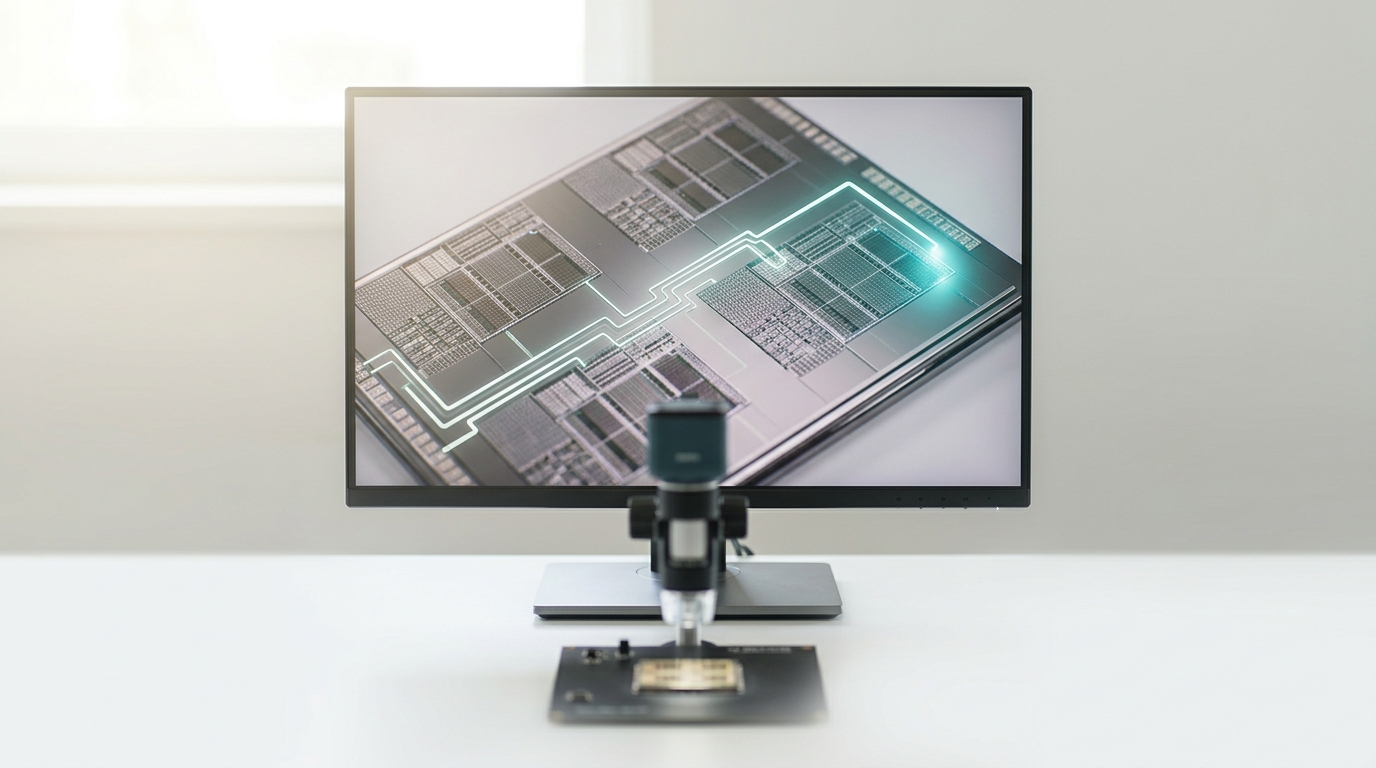 A transformer-specific accelerator die under bright inspection light, its fixed-function compute blocks arranged in a repeating pattern, a technician's overlay caught mid-draw tracing the attention-mechanism data path