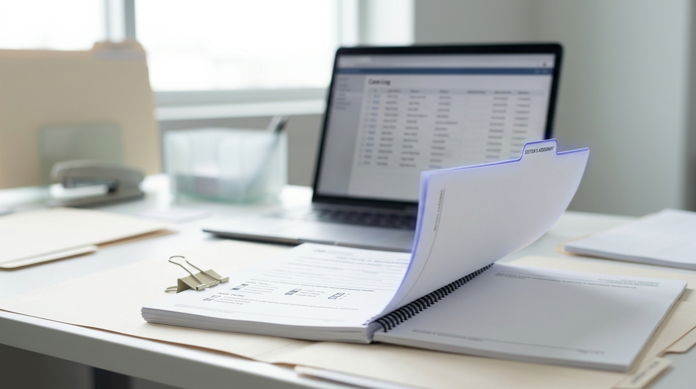 A fundamental rights impact assessment worksheet mid-fill on a case officer's desk with a risk-tier tab half turned