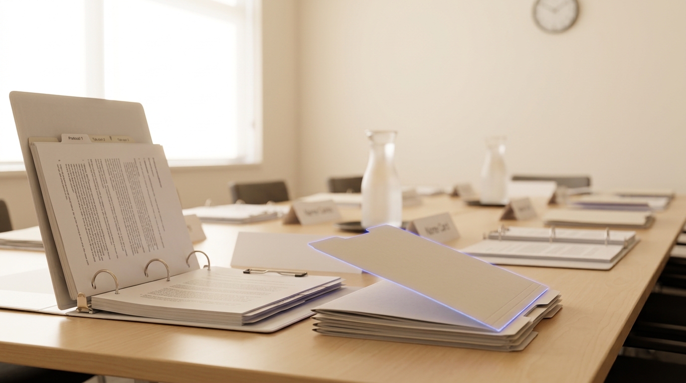 A review-board conference table set with protocol binders, evidence folders, and name cards moments before a hearing begins
