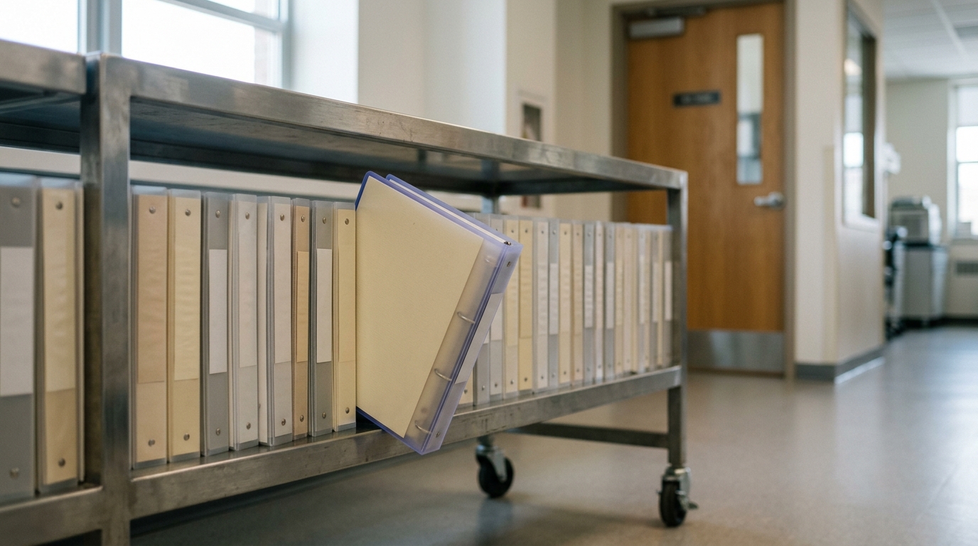 An institutional review board's protocol binders on an open shelving cart, one binder pulled halfway out