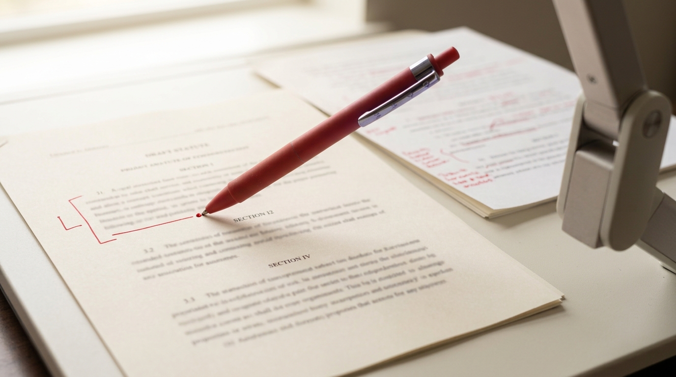 A redlined draft statute page under a document camera with one clause's margin note mid-write