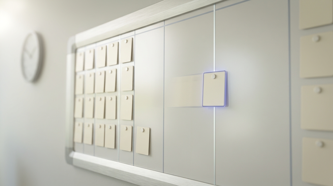 A regulator's cohort tracking board with magnetic case-status tiles, one tile mid-slide between columns