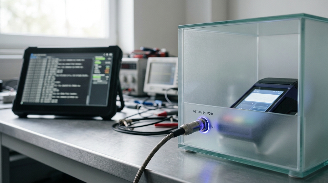 A supervised prototype device running inside a glass regulatory-sandbox enclosure wired to a monitoring console