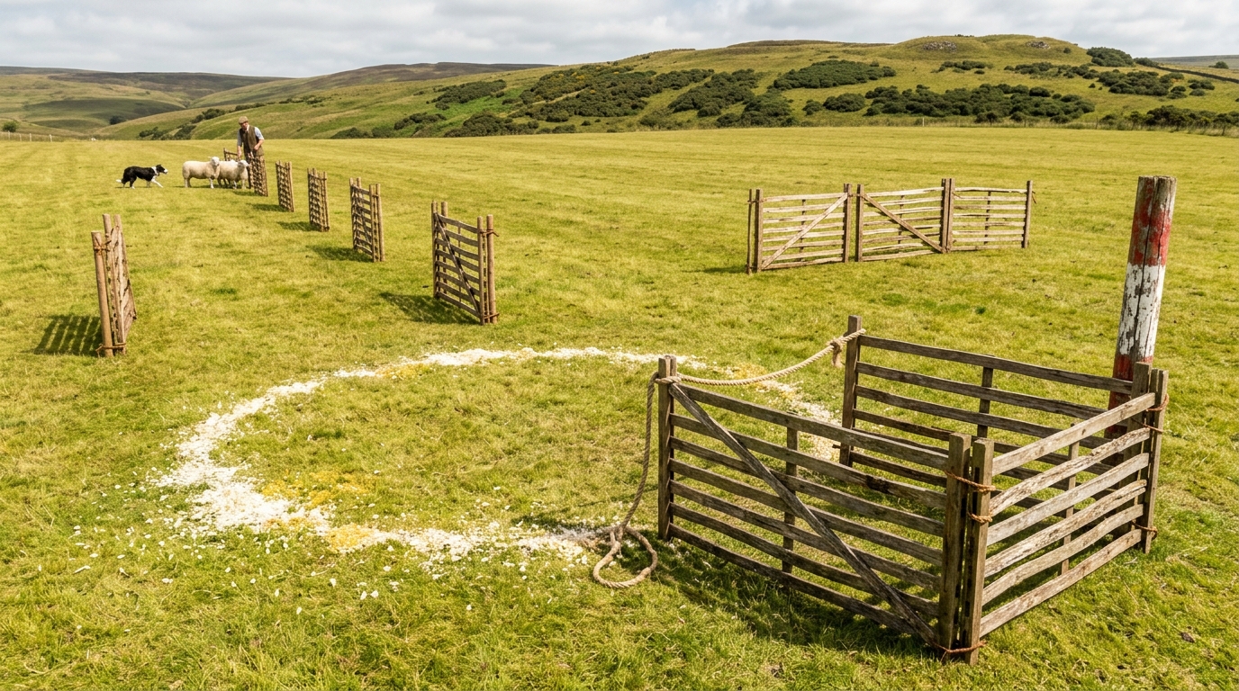 A sheepdog trial course on a bright upland field with hazel hurdle gates at measured intervals, a small group of sheep caught between two gates and one animal drifting wide of the gate mouth