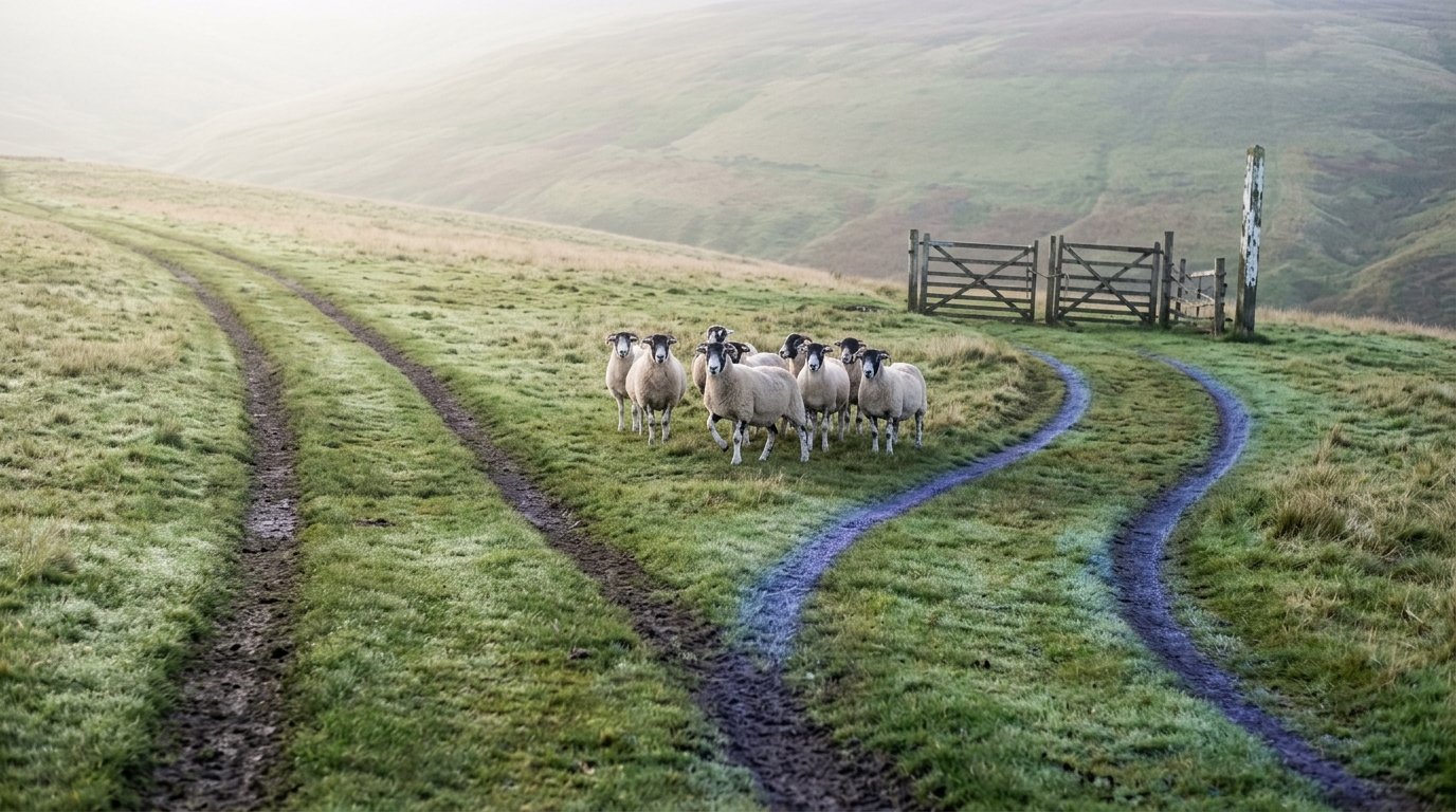 Dewy upland turf with two curved flanking tracks pressed dark through the dew, one sweeping wide and one much tighter, converging where a small group of sheep stands with heads just raised
