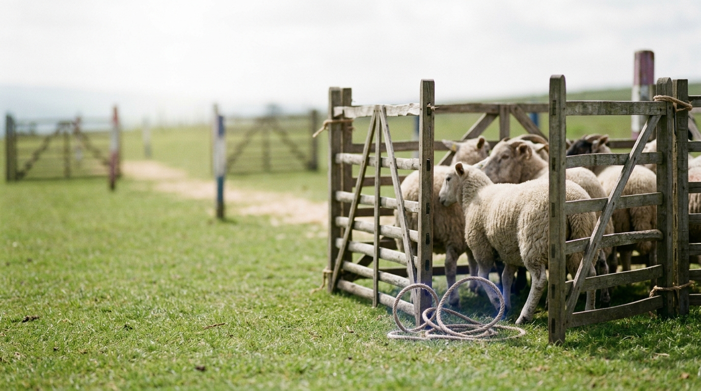 A small hurdle pen on cropped turf with its gate hurdle roped wide open, the last sheep of a group caught half through the gap, and the rest of the trial course dissolving into soft blur behind