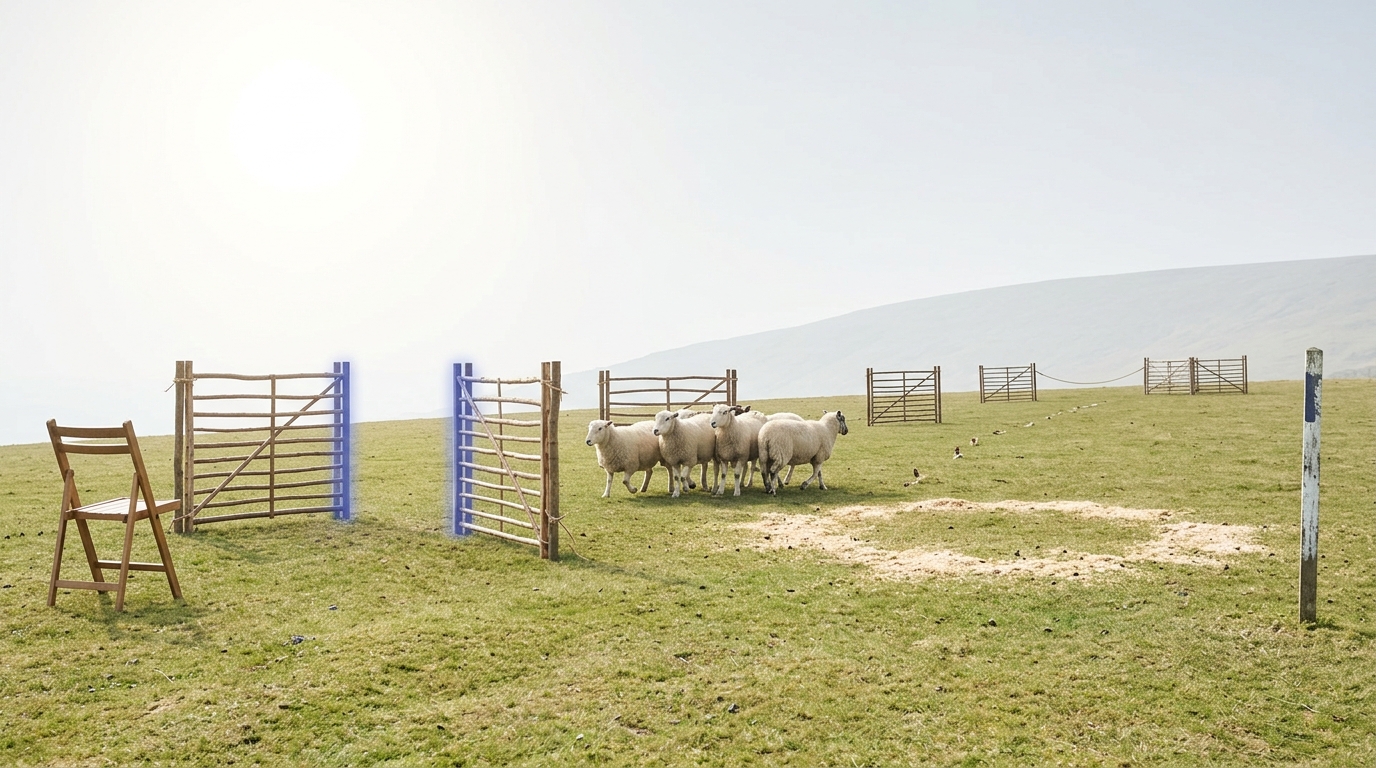 Two sheepdog trial courses pegged out side by side on an upland field, a run under way on the far one and sheep already entering the first gate of the near one, with an empty folding chair at the frame edge turned away from it