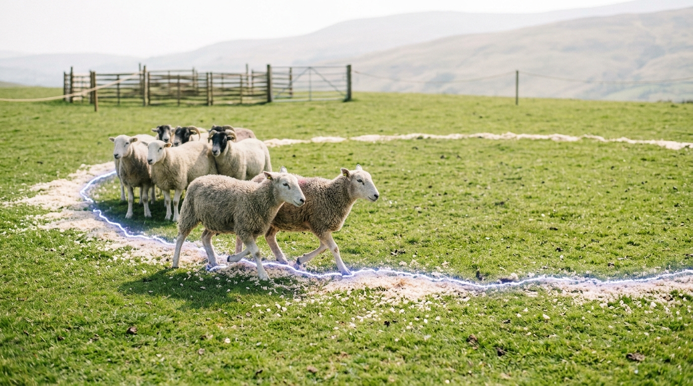 A sawdust shedding ring on cropped grass with two sheep stepping out through a gap in the group and the remaining animals still bunched inside the marked circle