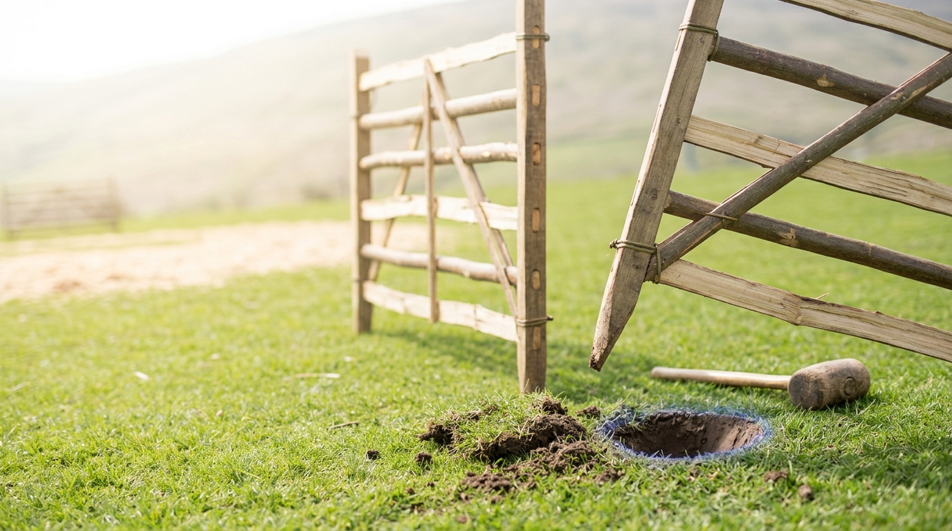 A hazel hurdle gate on cropped turf with one hurdle leaning part-lifted from its socket, the empty original post hole still open in the grass beside it and a mallet lying on the ground