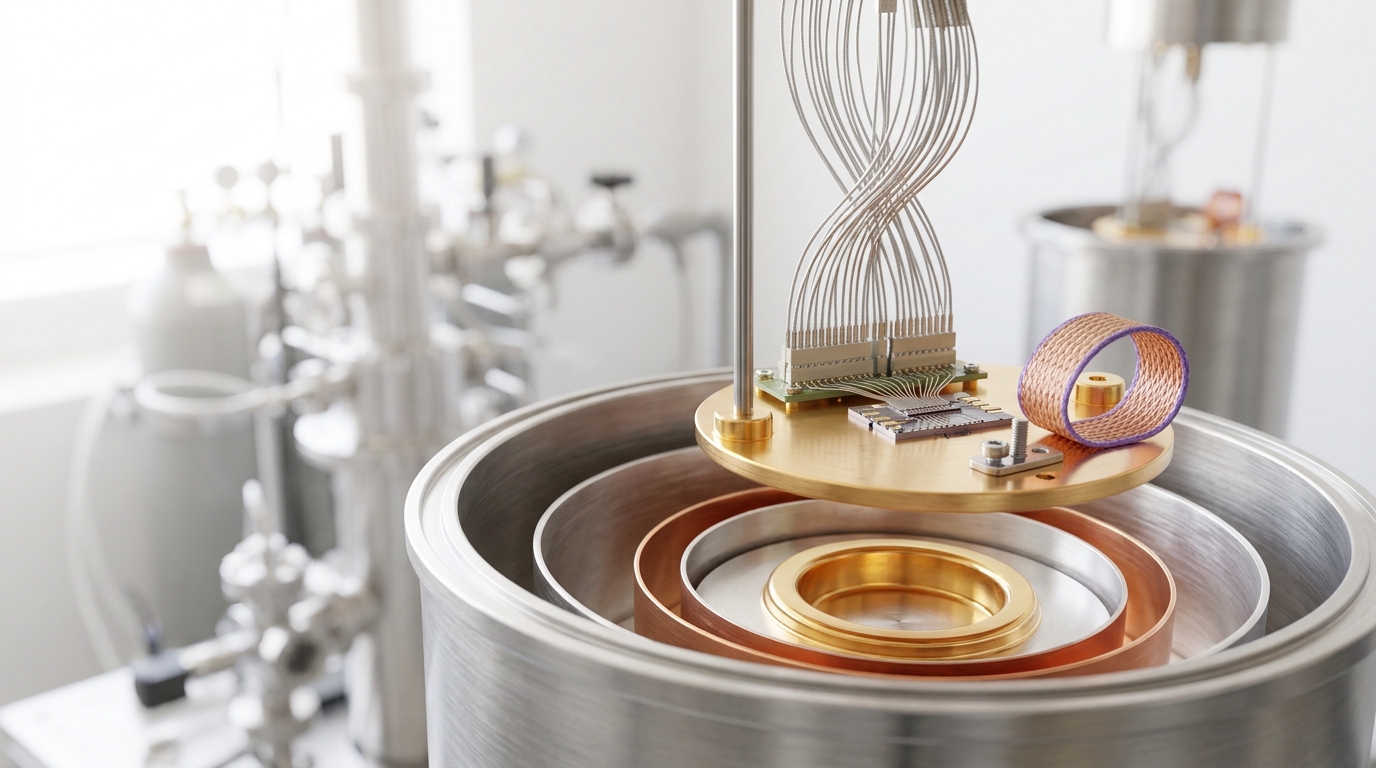 A dilution-refrigerator insert carrying a superconducting-qubit chain on its cold plate, suspended above the cryostat can with one thermalization strap not yet clamped down