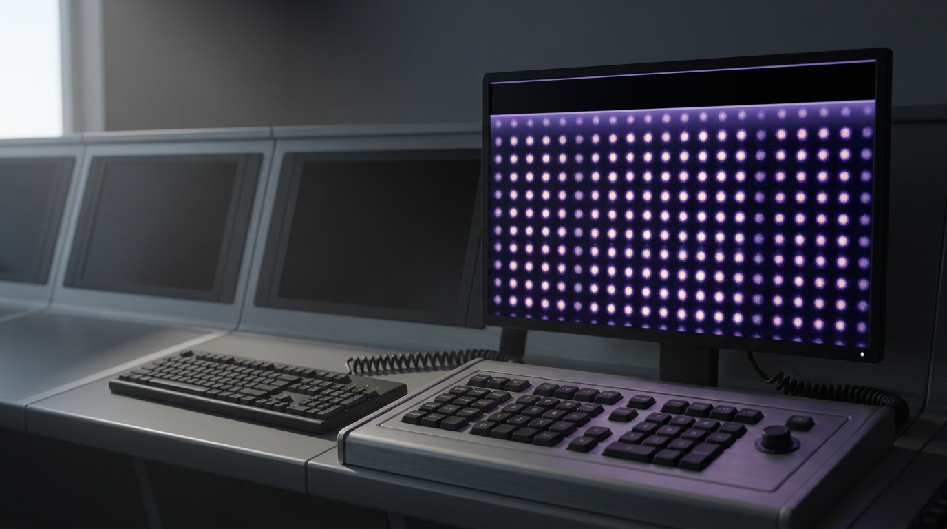 A control-room monitor displaying a fluorescence image of a single-atom-resolved optical lattice, mid-refresh with one row of lattice sites still unrendered