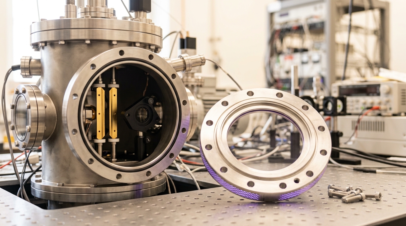 An ion-trap vacuum chamber with in-vacuum optics and gold-plated blade electrodes visible through an open viewport port, the port's retaining flange resting beside it rather than bolted down