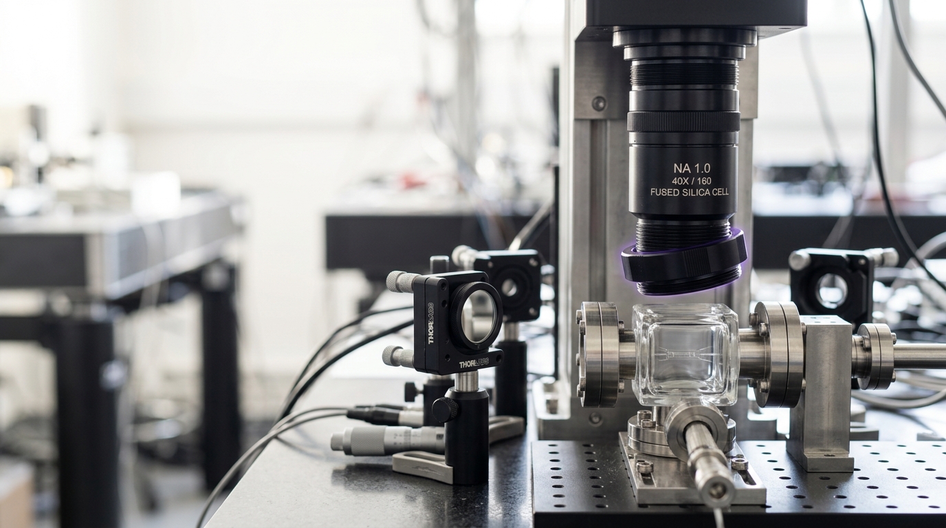 A high-numerical-aperture objective lens stack lowered close to a glass ultra-high-vacuum cell on a quantum-gas microscope, its retaining collar not yet tightened down