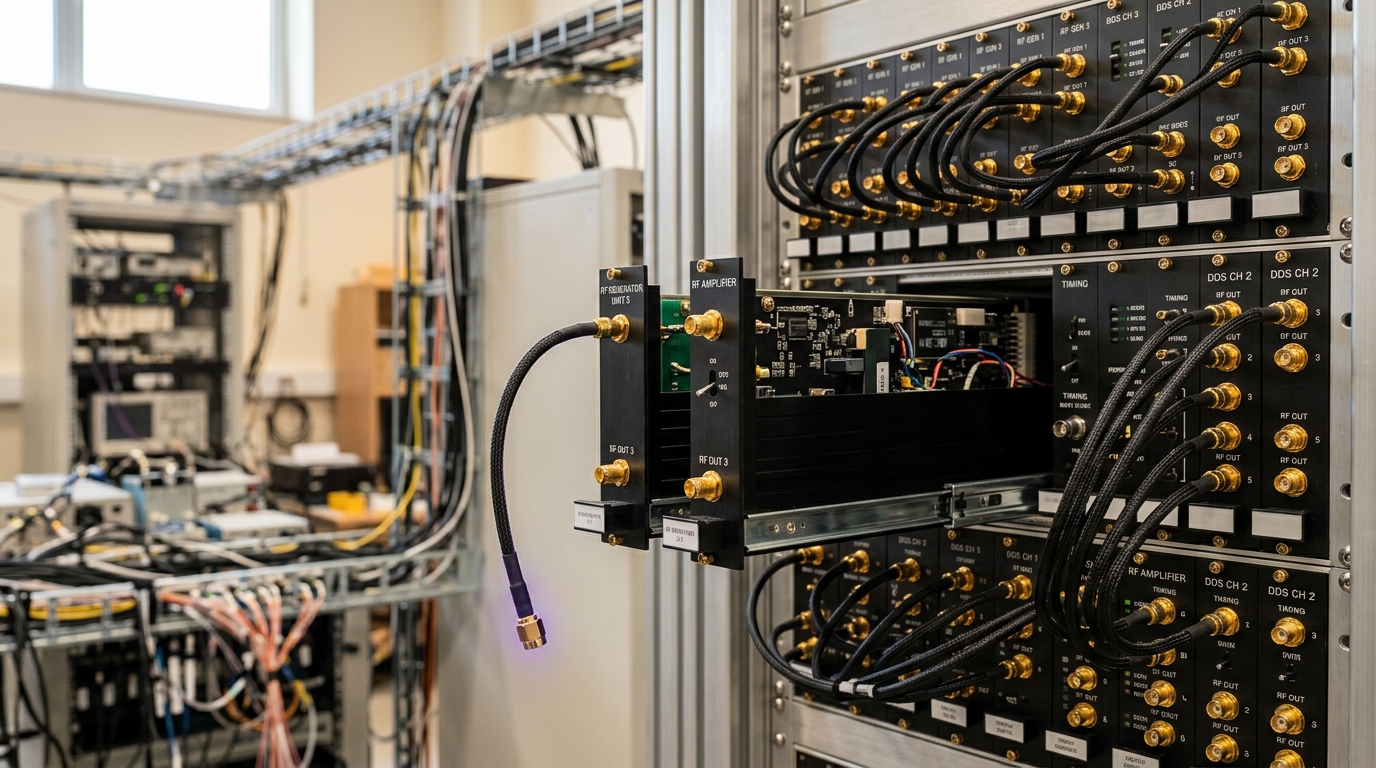 A rack of RF and direct-digital-synthesis electronics generating trapping and control tones, one coaxial patch cable unseated at the front panel