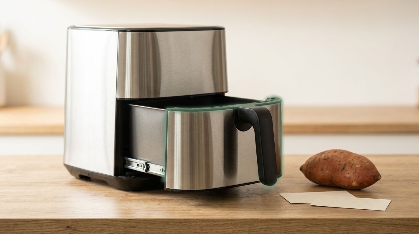 A countertop air fryer with its basket half-drawn, a sweet potato beside it, and two blank index cards resting nearby on a bright bench