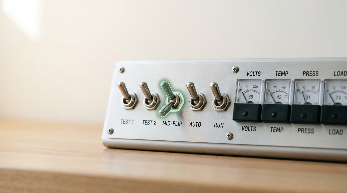 A row of simple binary toggle switches beside a small bank of graduated analog dials, one toggle caught mid-flip