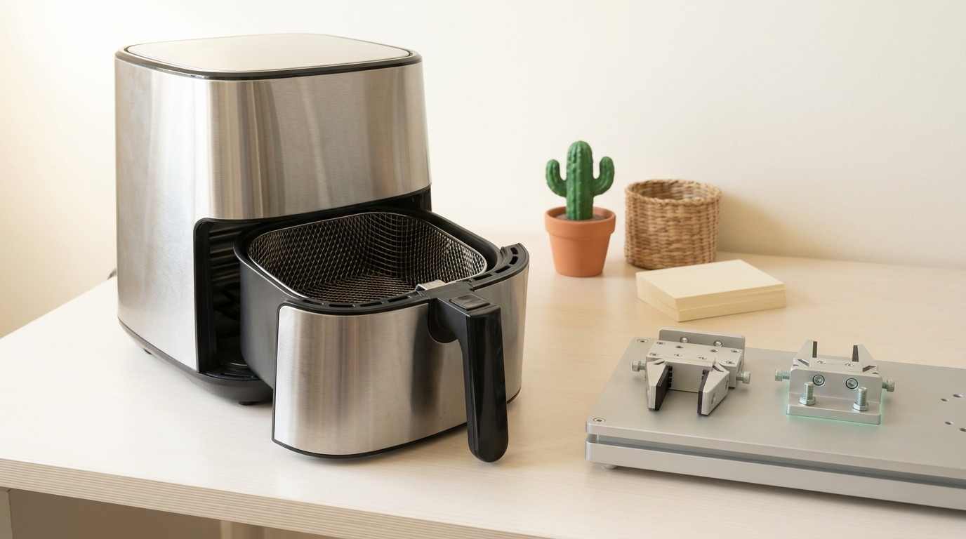 A bright evaluation bench with an air fryer, a toy cactus among desert-toned props, two gripper mounts, and a stack of blank index cards arranged as if staged for an unrun test