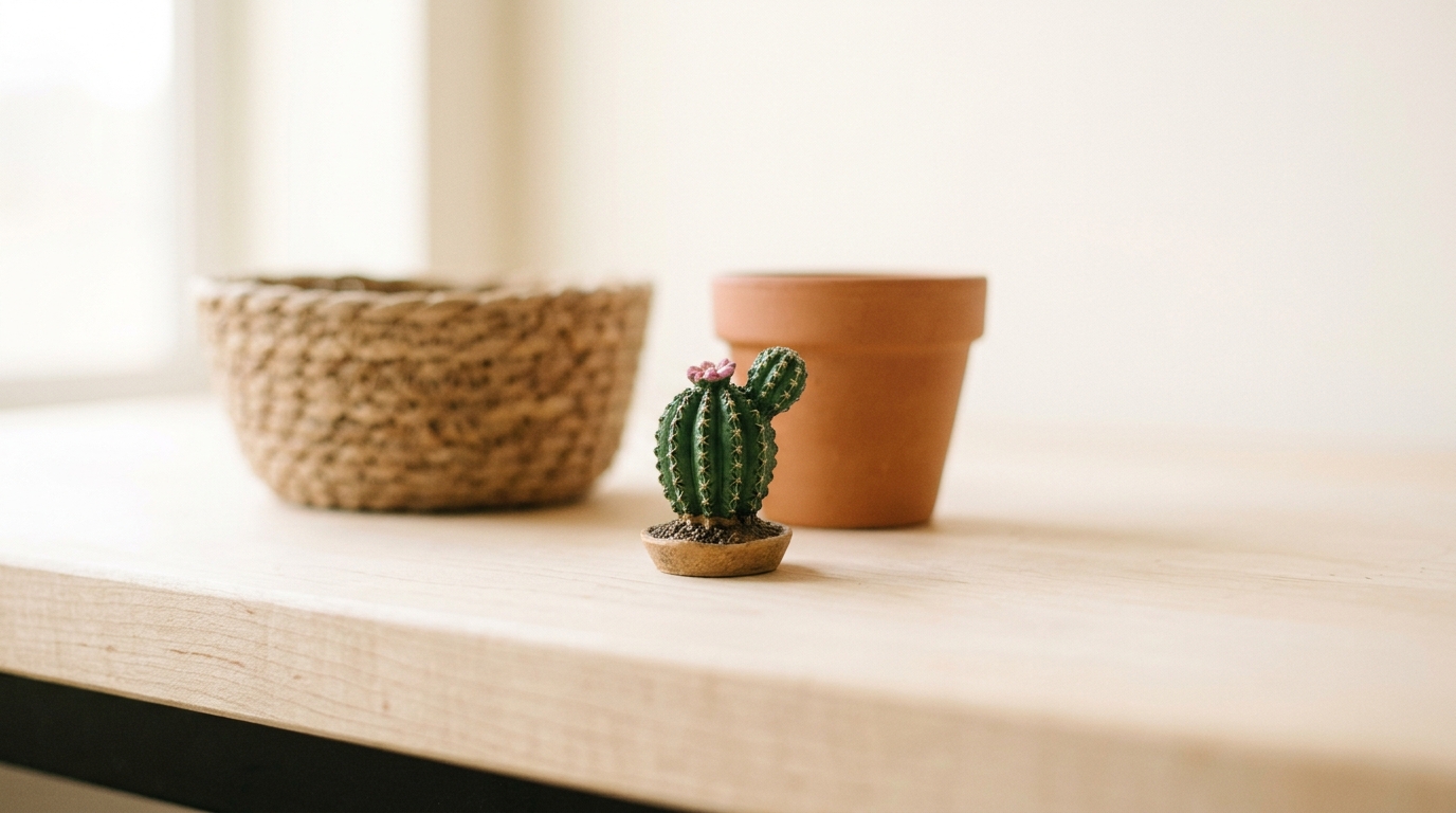 A small toy cactus resting among a terracotta pot and a woven basket on a bright bench, positioned as though awaiting a "pick the desert item" instruction