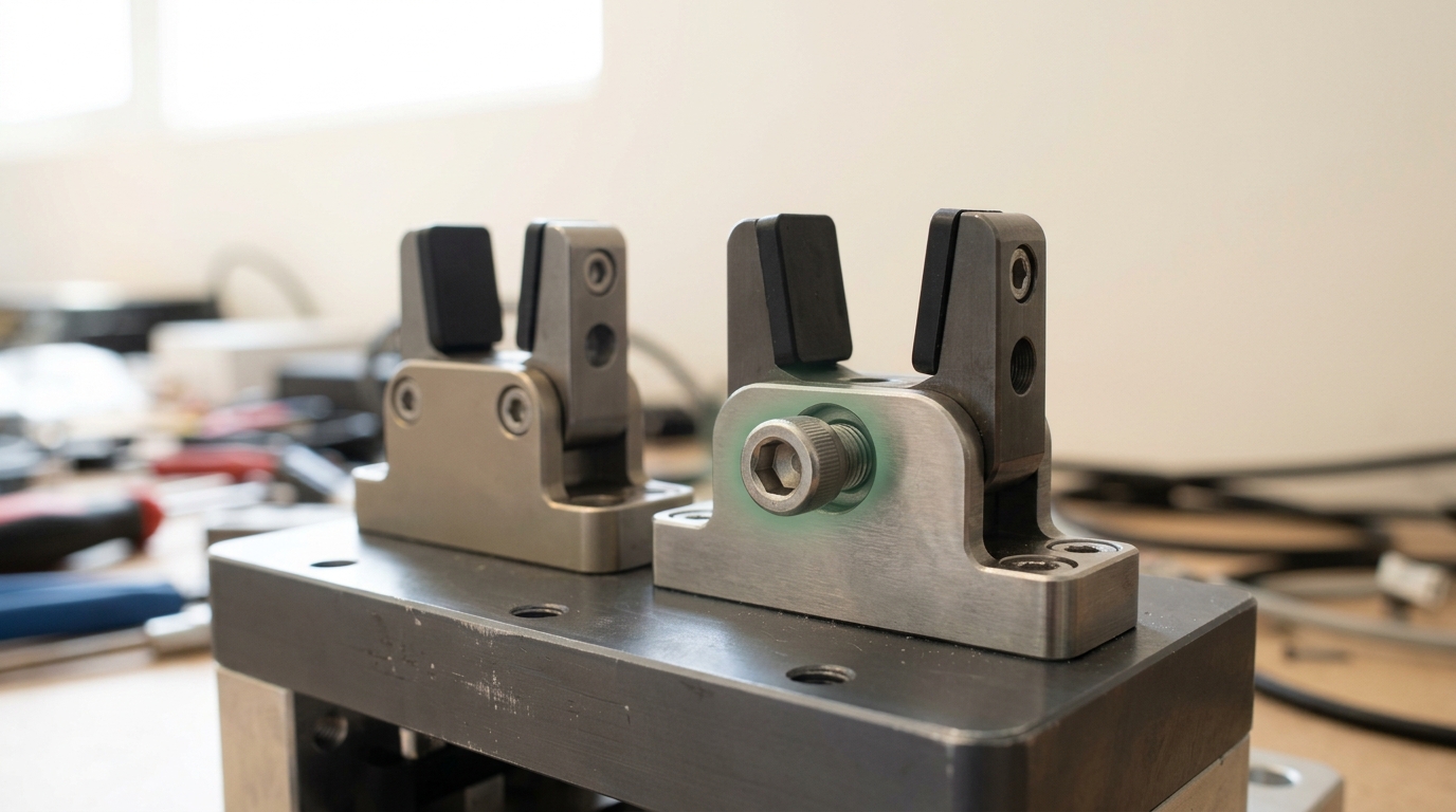 Two different interchangeable gripper mounts resting on a metal fixture plate, one bolted flush and the other still being hand-tightened