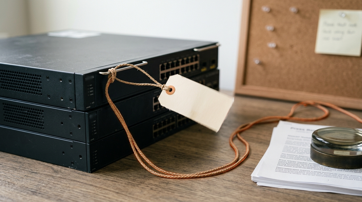 A small equipment rack tag hanging from a cable beside a stack of switch hardware on a lab bench, a thin cord running from the tag back toward a separate stack of press-release pages