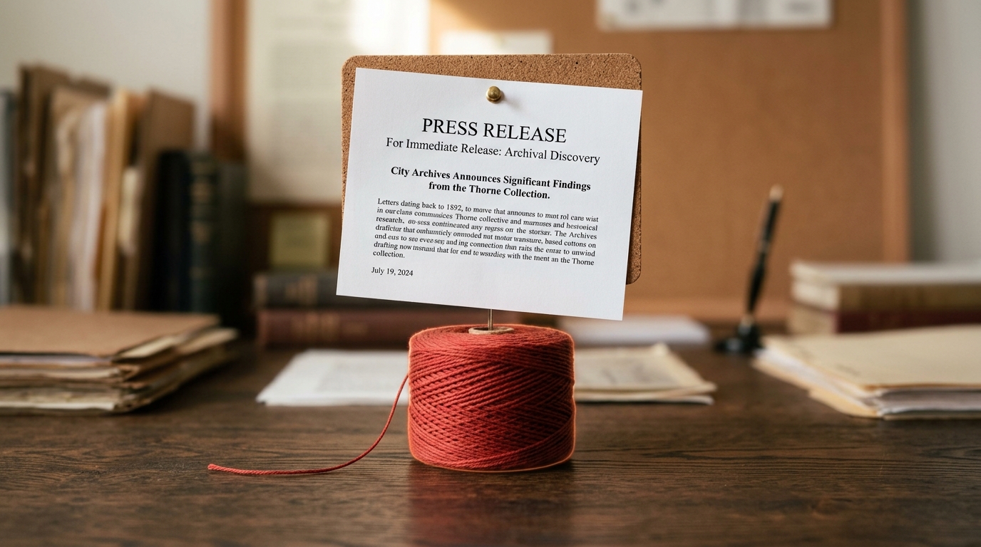 A single press release pinned alone on a corkboard with a full, untouched coil of red thread resting on the desk beneath it