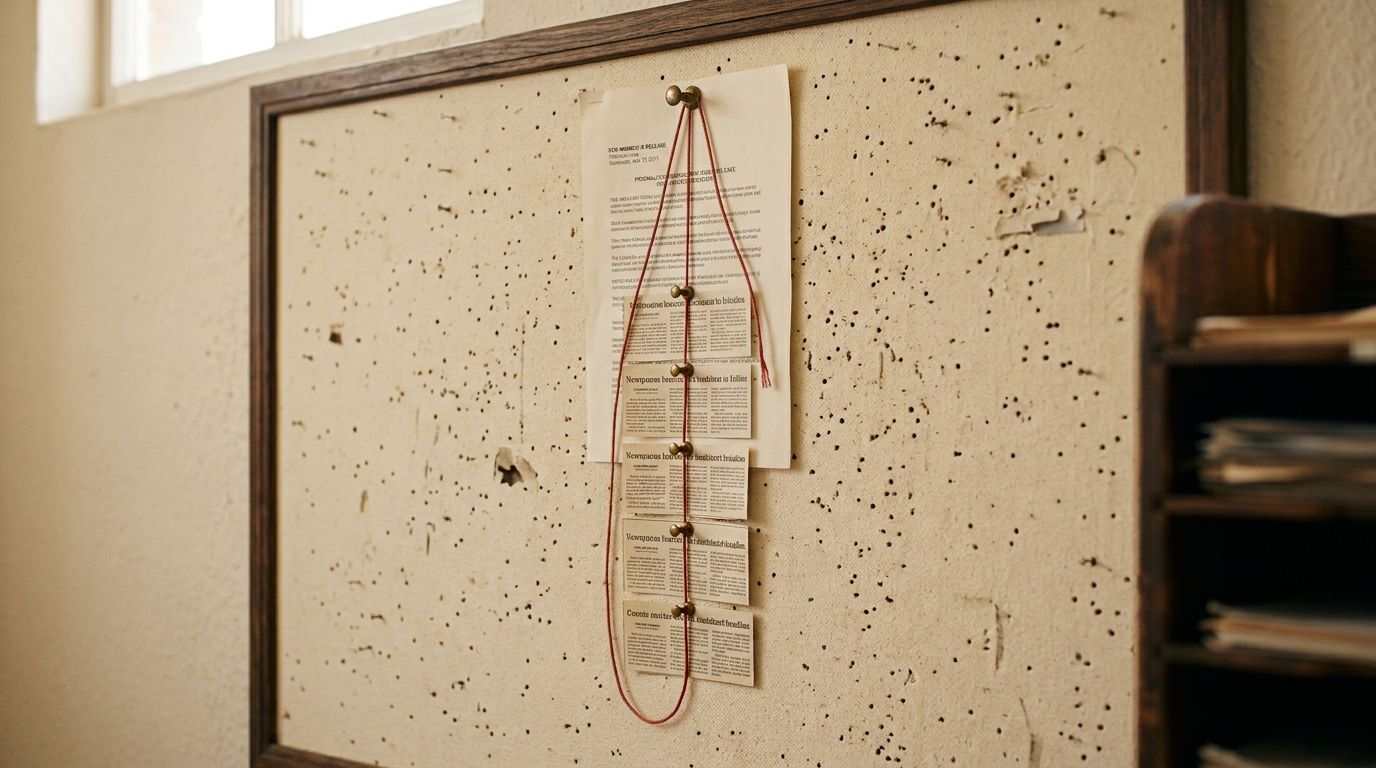 A corkboard with one press release pinned at the top and a length of red thread running down through several reprinted copies before looping back up to the same original pin
