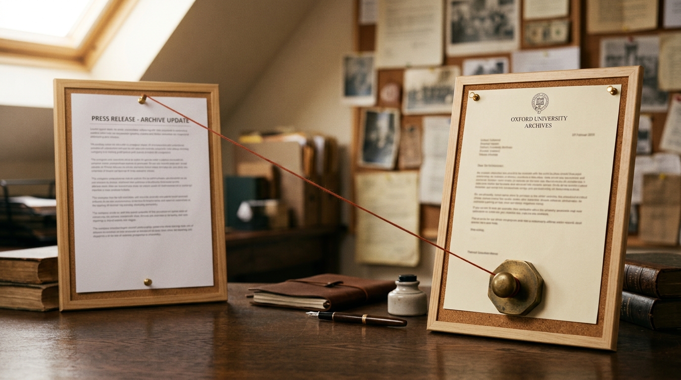A company press release pinned beside a university letterhead sheet, a short length of red thread connecting them, the thread's end resting unpinned against the company sheet rather than the letterhead