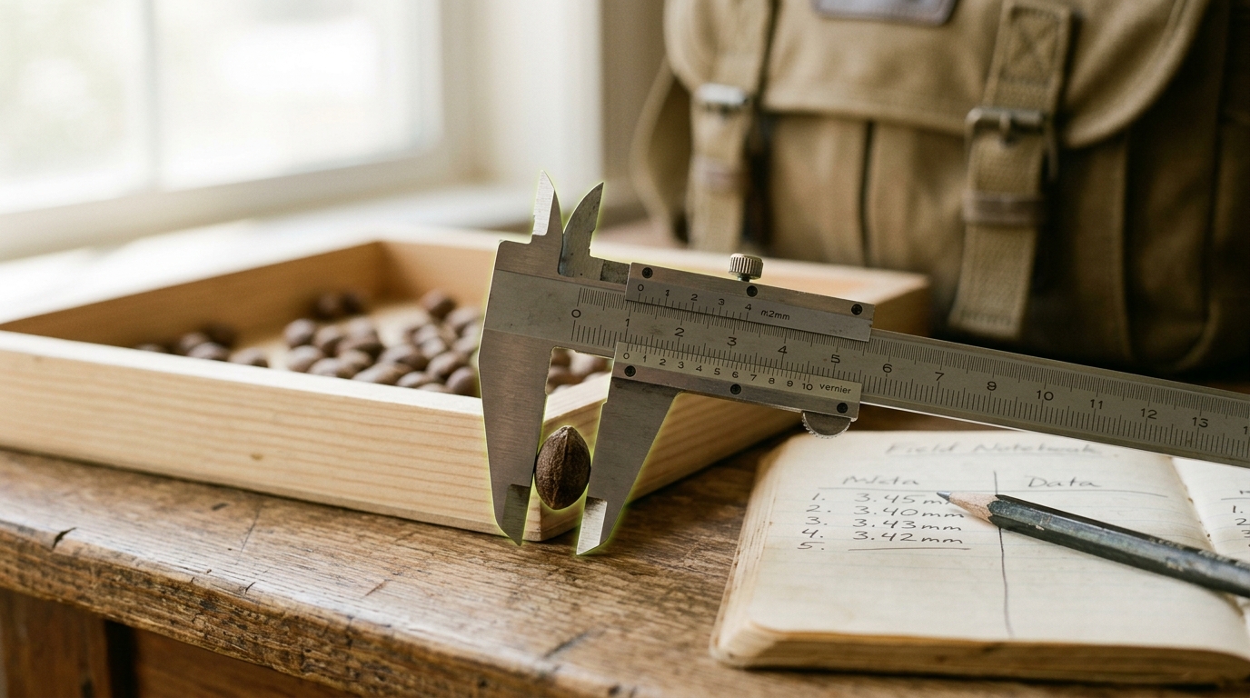 Calipers measuring a seed tray sample beside a field notebook on a research table