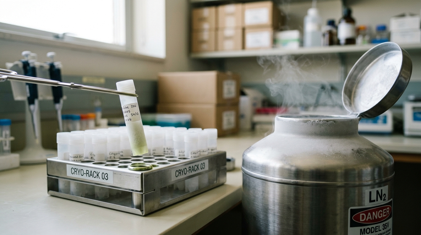 A cryogenic vial rack half-loaded with genetic-rescue samples, vapor still drifting from an open storage dewar