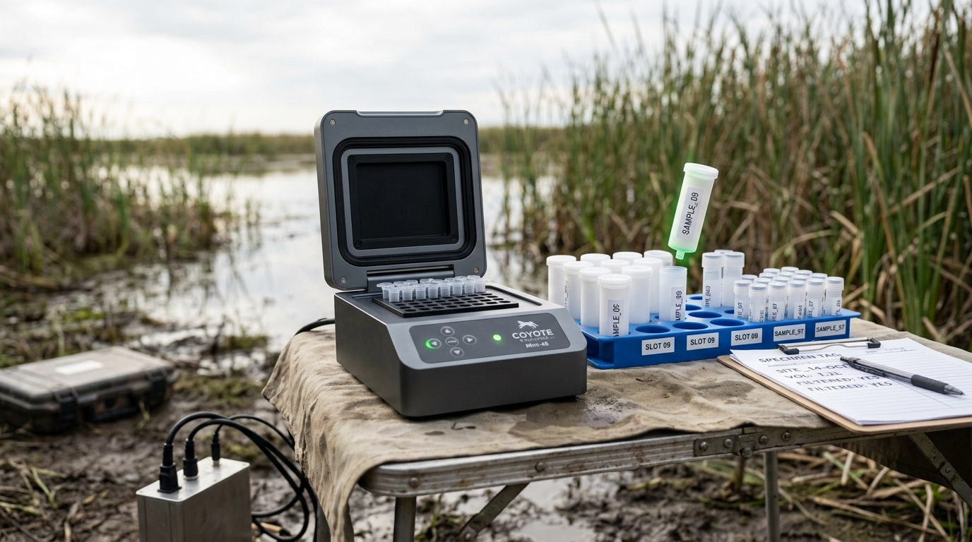 A folding field table with a portable qPCR unit and water-filter cartridges at a floodplain edge
