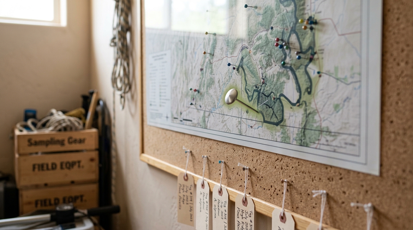 A field-station workroom wall with a pinned range map and specimen tags, seen from an angle