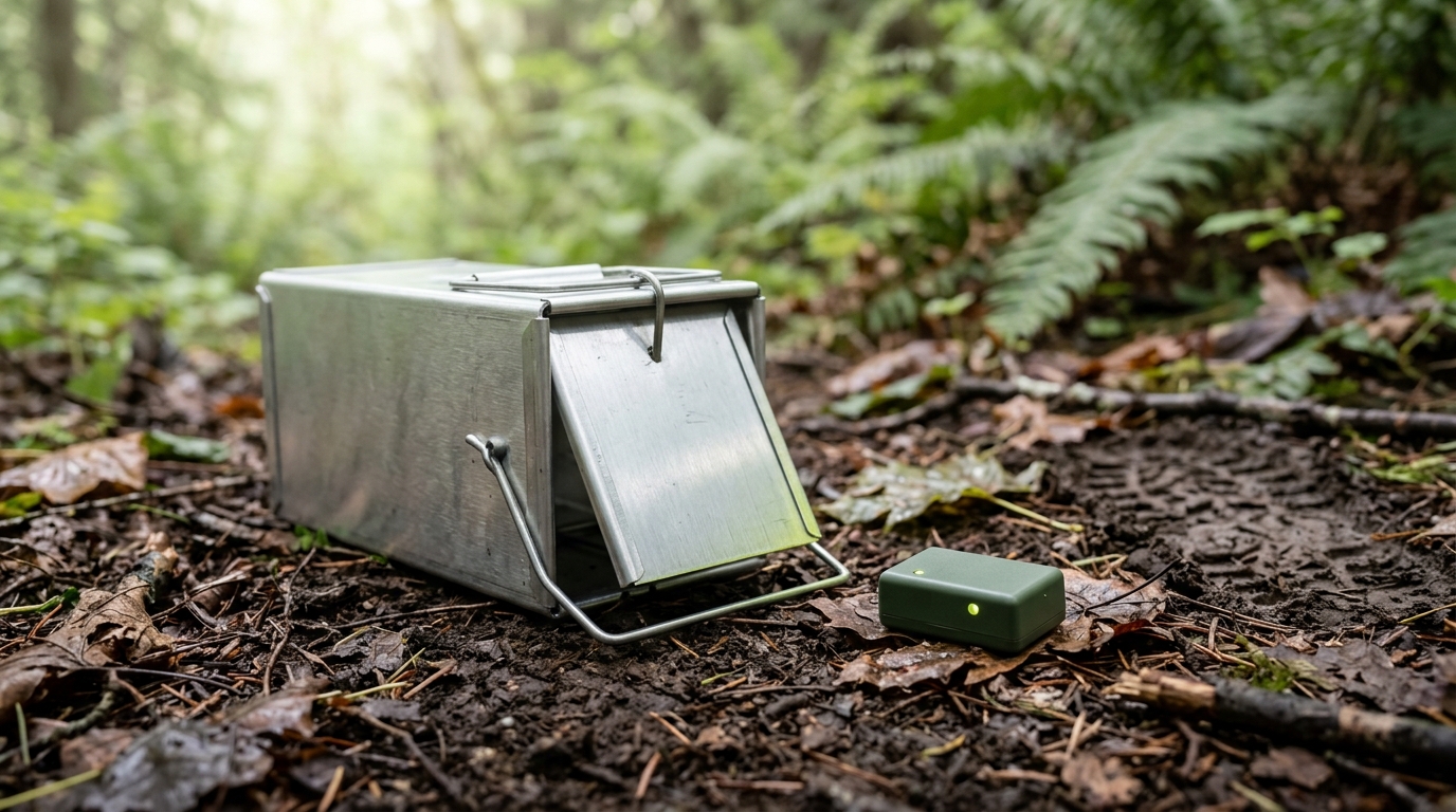 A small live-trap and radio telemetry tag resting on damp forest-floor soil