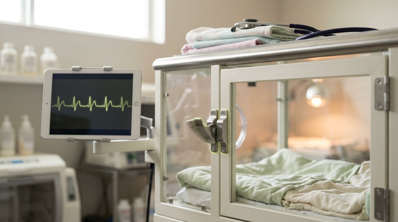 A padded incubator enclosure and monitoring tablet in a wildlife genetic-rescue nursery room