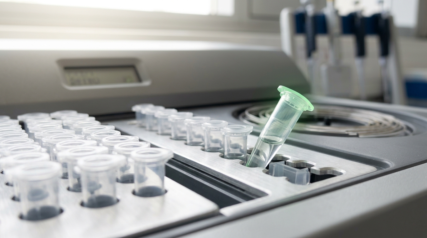 A capillary sequencer's sample tray sliding into its loading bay, one tube not yet seated in its rack position while the rest sit flush already