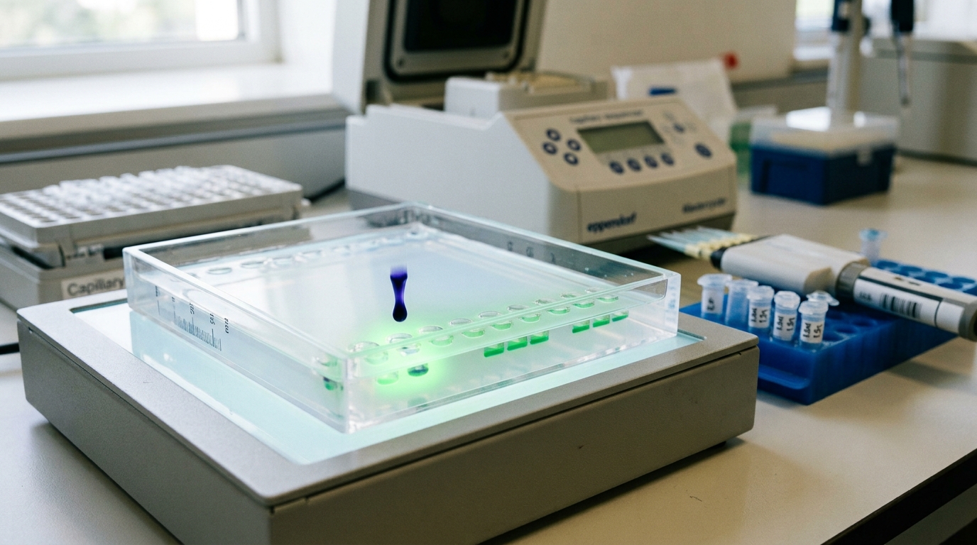 An agarose gel tray on a lab bench transilluminator, one well still receiving a thread of loading dye while the neighbouring wells sit already loaded