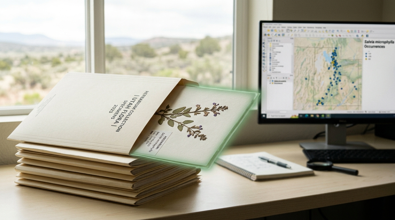 A stack of herbarium-style specimen folders beside a GIS desk, the top folder half-slid open to reveal a pressed-plant specimen sheet not yet fully withdrawn