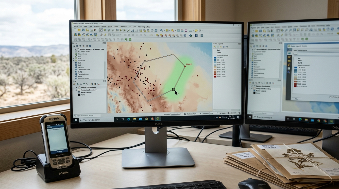 A GIS workstation's dual monitors tiling species-occurrence points over a climate raster, the cursor mid-drag pulling a new boundary polygon that has not yet closed